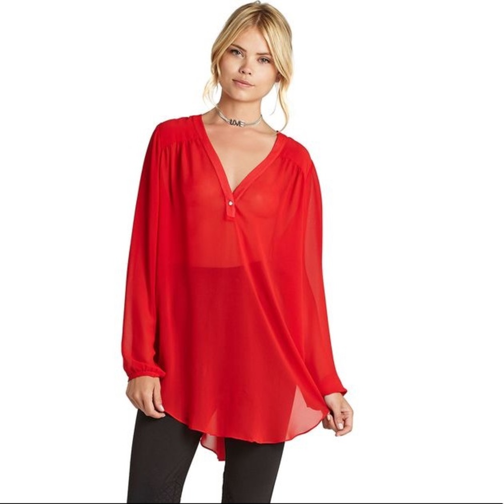 BCBGeneration Red Sheer Shirred High-Low Blouse
